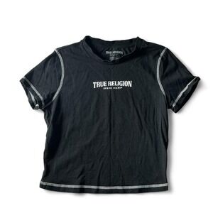 True‎ Religion Brand Jeans Cropped Black Graphic T-Shirt White Stitching